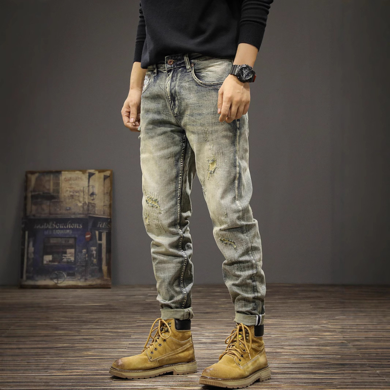 Ανδρικά τζιν από ντένιμ - 99,2% βαμβάκι, μεσαία μέση, στενή γραμμή, φερμουάρ