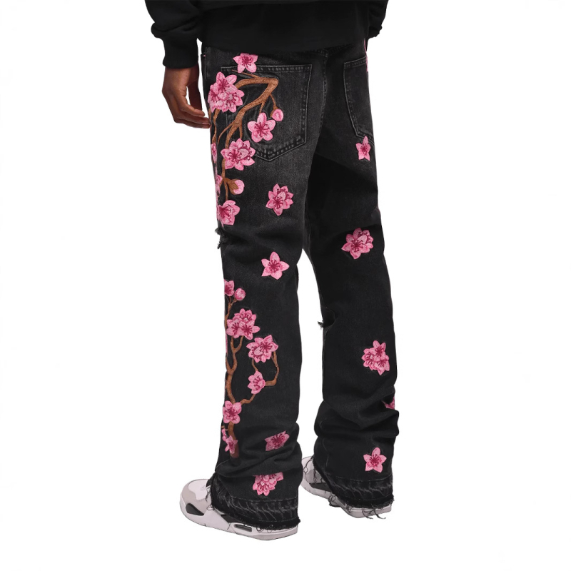 Ανδρικά τζιν με ελαφρά φαρδιά γραμμή, κέντημα plum blossom, 65% βαμβάκι, φερμουάρ, χωρίς ελαστικότητα