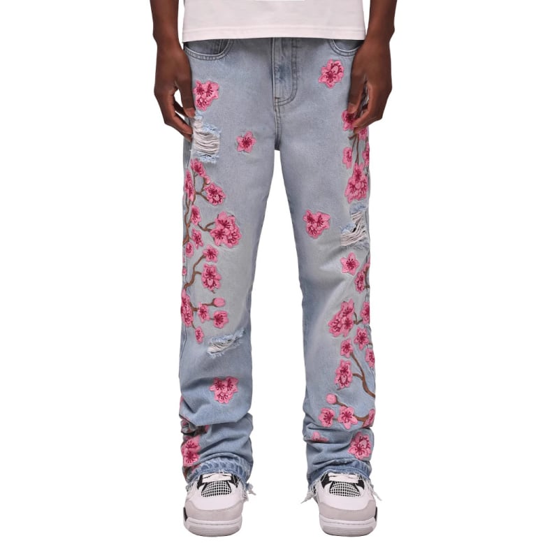 Τζιν με κέντημα, μεσαίας μέσης, ελαφρώς φαρδιά παντελόνι, βαμβακερός ντένιμ