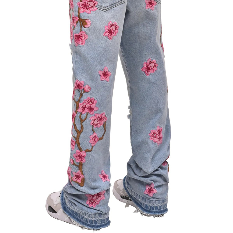 Τζιν με κέντημα, μεσαίας μέσης, ελαφρώς φαρδιά παντελόνι, βαμβακερός ντένιμ