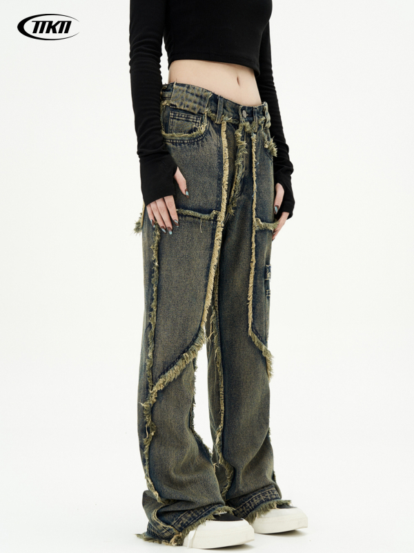 11KN Ανδρικά τζίνς σε ρετρό στιλ με ίσιο κόψιμο, πλυμένο φινίρισμα, μέση, 80% βαμβάκι