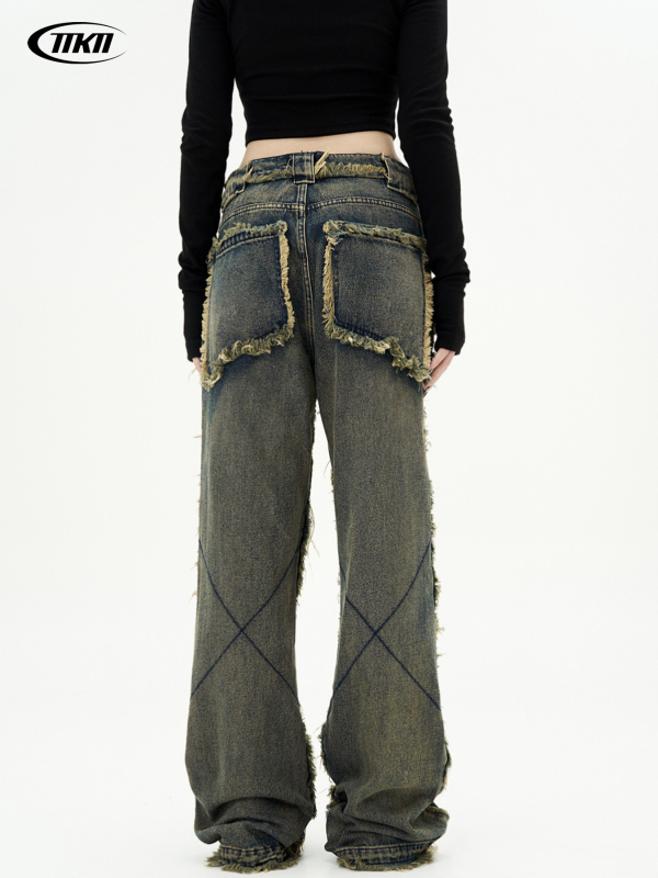 11KN Ανδρικά τζίνς σε ρετρό στιλ με ίσιο κόψιμο, πλυμένο φινίρισμα, μέση, 80% βαμβάκι