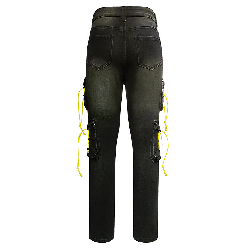 Ανδρικά τζιν με ίσιο πόδι, μεσαία μέση, πολλές τσέπες, distressed patchwork denim