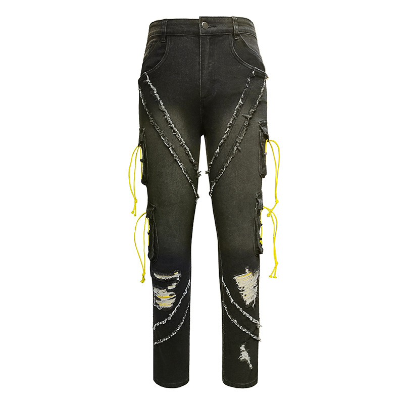 Ανδρικά τζιν με ίσιο πόδι, μεσαία μέση, πολλές τσέπες, distressed patchwork denim