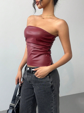 PU δερμάτινο bustier top, χωρίς τιράντες, στυλ tube top, εφαρμογή στενή γραμμή, μικροελαστικότητα, κοντό μήκος 40–50 εκ.