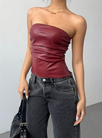PU δερμάτινο bustier top, χωρίς τιράντες, στυλ tube top, εφαρμογή στενή γραμμή, μικροελαστικότητα, κοντό μήκος 40–50 εκ.