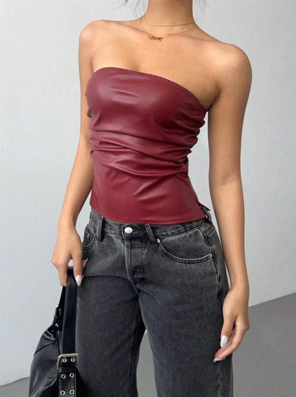 PU kožni bustier top, bez naramenica, tube top stil, uski kroj, mikroelastičan, kratka duljina 40–50 cm