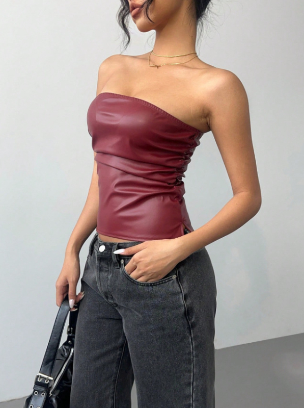 PU kožni bustier top, bez naramenica, tube top stil, uski kroj, mikroelastičan, kratka duljina 40–50 cm