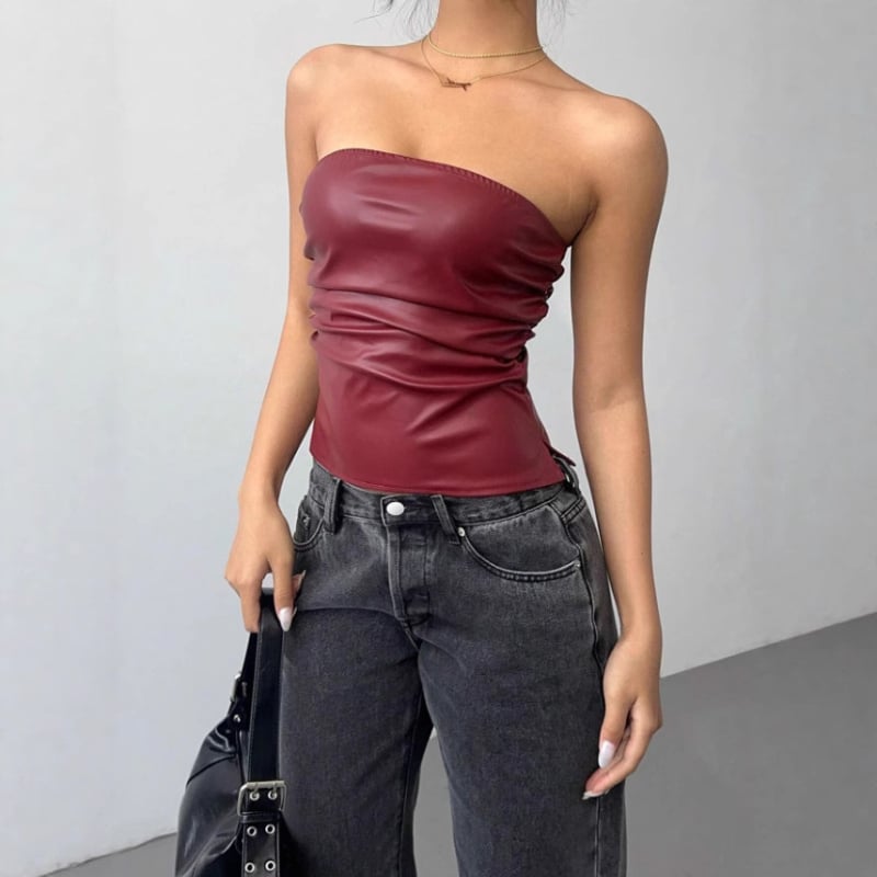 PU kožni bustier top, bez naramenica, tube top stil, uski kroj, mikroelastičan, kratka duljina 40–50 cm