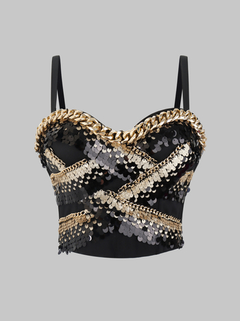 Топ без презрамки с метални пайети, 3D ефект, полиестер, стегнато прилягане (лято 2025)