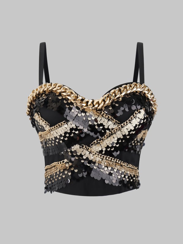 Топ без презрамки с метални пайети, 3D ефект, полиестер, стегнато прилягане (лято 2025)