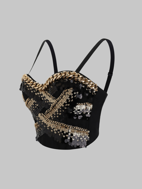 Топ без презрамки с метални пайети, 3D ефект, полиестер, стегнато прилягане (лято 2025)
