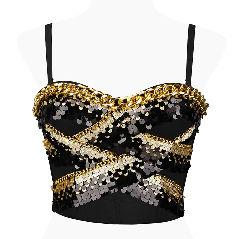 Топ без презрамки с метални пайети, 3D ефект, полиестер, стегнато прилягане (лято 2025)