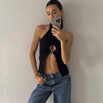 Γυναικείο τοπ με λαιμό-halter – εφαρμοστό, μονόχρωμο πολυεστέρας, μίξη σπαντέξ