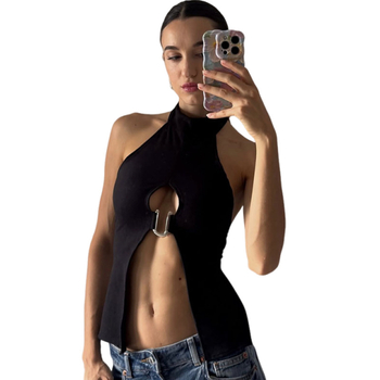 Γυναικείο τοπ με λαιμό-halter – εφαρμοστό, μονόχρωμο πολυεστέρας, μίξη σπαντέξ