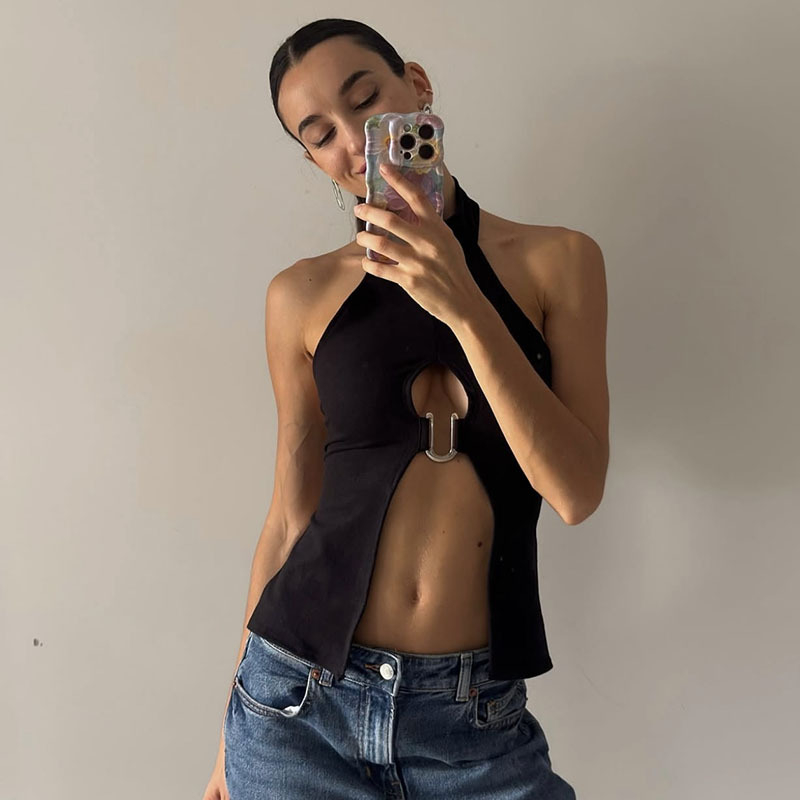 Halter top za žene – uski kroj, jednofarbni poliester, smjesa spandeksa