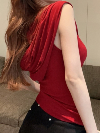 Γυναικείο τοπ χωρίς μανίκια με κουκούλα, εφαρμοστό, ελαστικό ύφασμα σπάντεξ, καλοκαίρι 2025