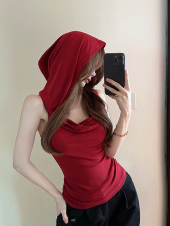 Γυναικείο τοπ χωρίς μανίκια με κουκούλα, εφαρμοστό, ελαστικό ύφασμα σπάντεξ, καλοκαίρι 2025