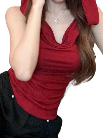 Γυναικείο τοπ χωρίς μανίκια με κουκούλα, εφαρμοστό, ελαστικό ύφασμα σπάντεξ, καλοκαίρι 2025