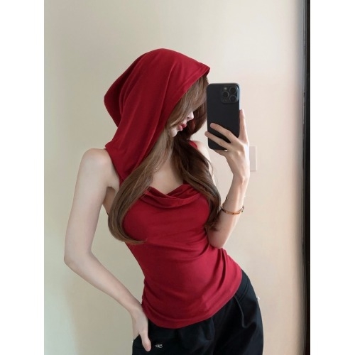 Γυναικείο τοπ χωρίς μανίκια με κουκούλα, εφαρμοστό, ελαστικό ύφασμα σπάντεξ, καλοκαίρι 2025