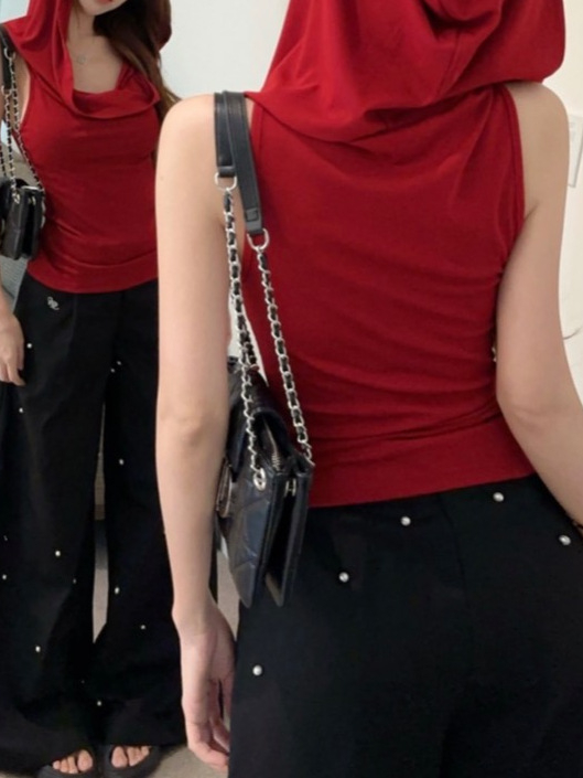 Γυναικείο τοπ χωρίς μανίκια με κουκούλα, εφαρμοστό, ελαστικό ύφασμα σπάντεξ, καλοκαίρι 2025