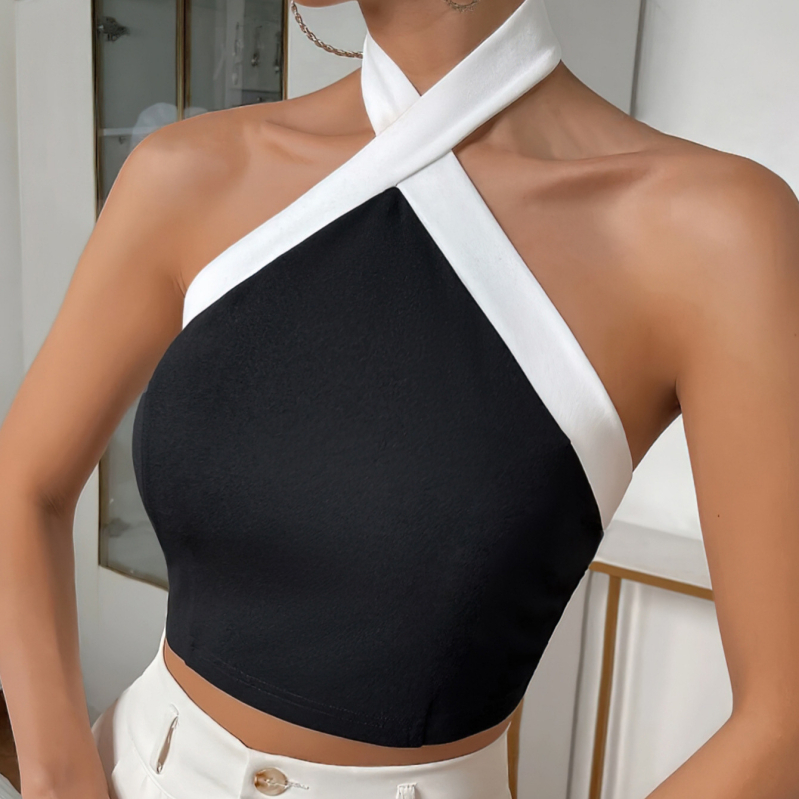 Top dama cu gât halter, croială slim, poliester 95%+, spate decupat, vară 2025, stil casual