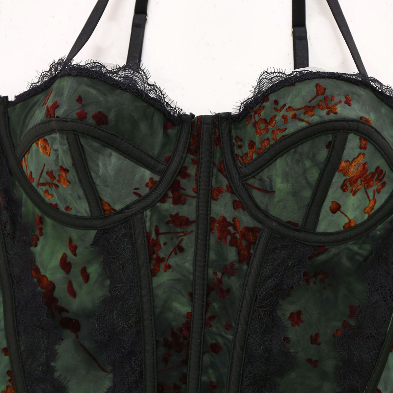 Bustier imprimat cu dantelă eyelash, stil sling, croială slim, lungime scurtă