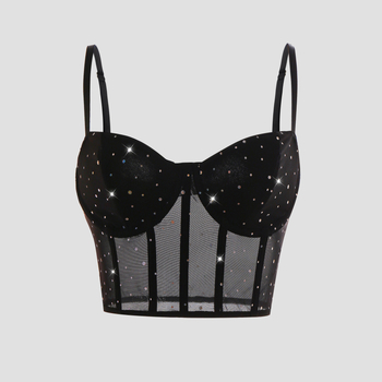 Top crop paiete, stil sling, croi slim, țesătură dantelată, poliester 95% elastan