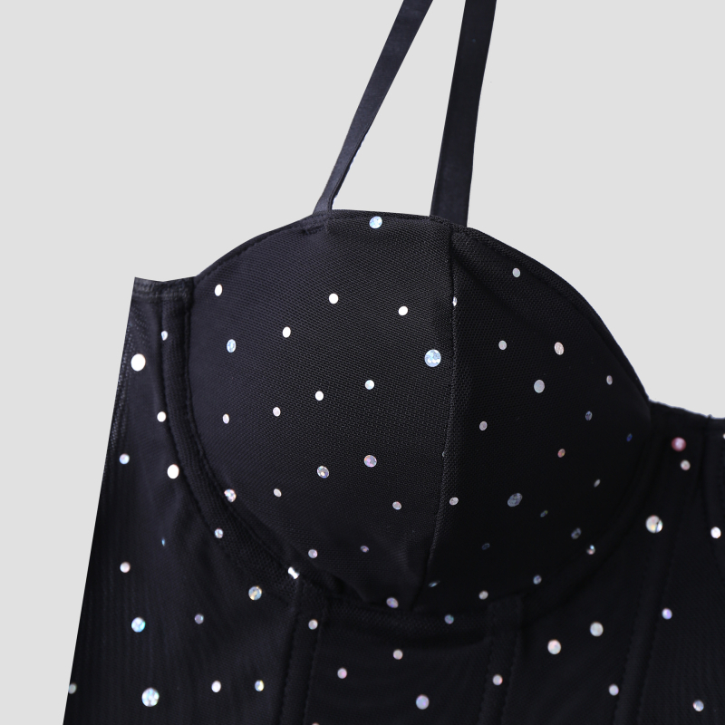 Top crop paiete, stil sling, croi slim, țesătură dantelată, poliester 95% elastan