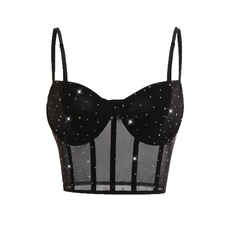 Top crop paiete, stil sling, croi slim, țesătură dantelată, poliester 95% elastan