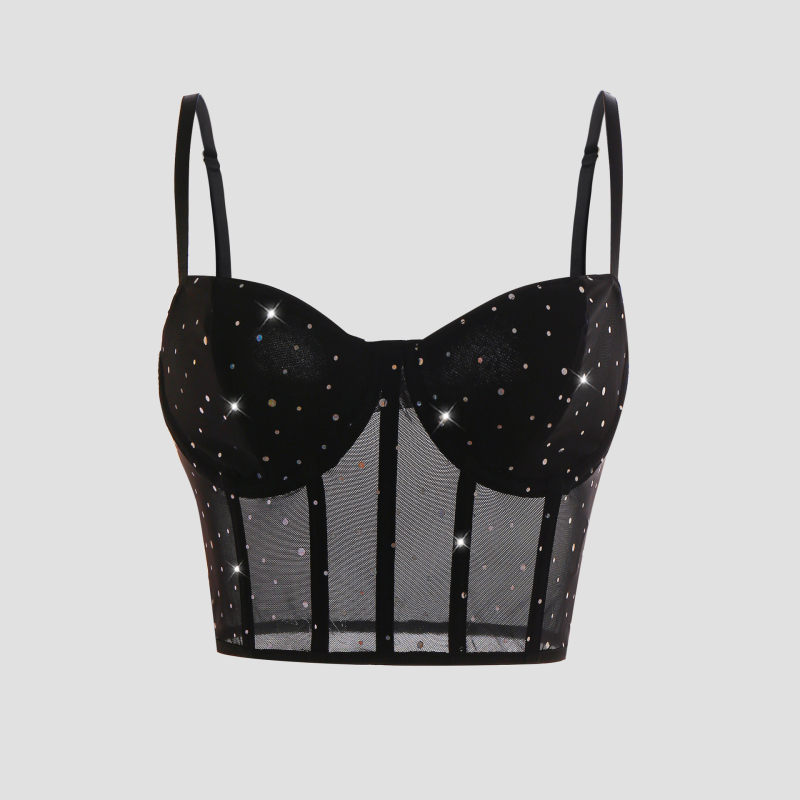 Top crop paiete, stil sling, croi slim, țesătură dantelată, poliester 95% elastan