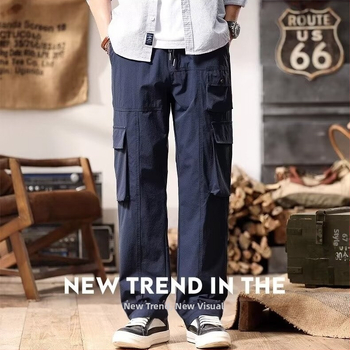 Ανδρικά παντελόνια σε ιαπωνικό στυλ, ρετρό casual, χαλαρή ίσια γραμμή, μέση μεσαία, κλείσιμο με κορδόνι, μίγμα βαμβακερού και πολυεστέρα, πολλαπλές τσέπες