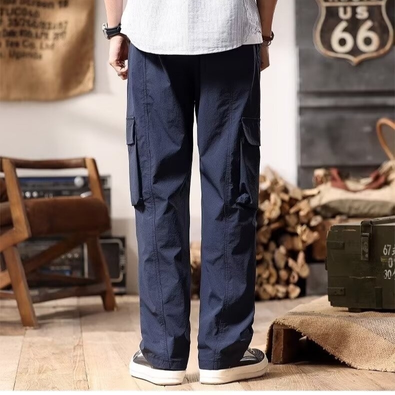 Japán-stílusú retró lezser nadrág, lazán szabott egyenes fazon, középmagas derék, zsinóros zárás, pamut‑keverék