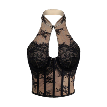 Δαντελένιο τοπ με λαιμό halter, χωρίς πλάτη, στενή γραμμή