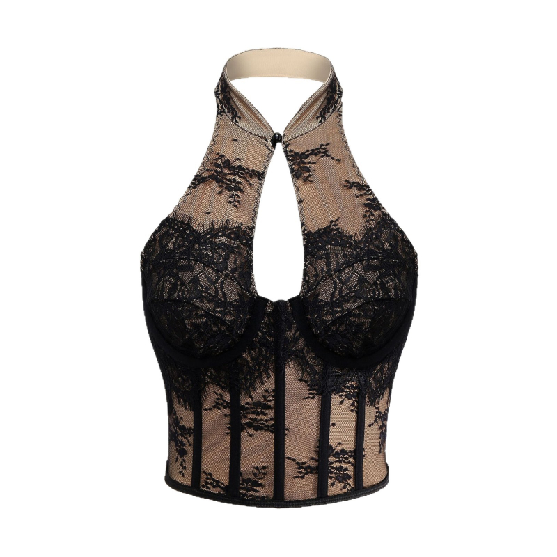 Δαντελένιο τοπ με λαιμό halter, χωρίς πλάτη, στενή γραμμή