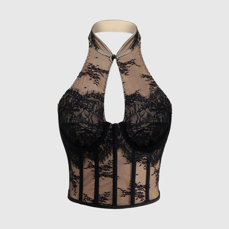 Δαντελένιο τοπ με λαιμό halter, χωρίς πλάτη, στενή γραμμή