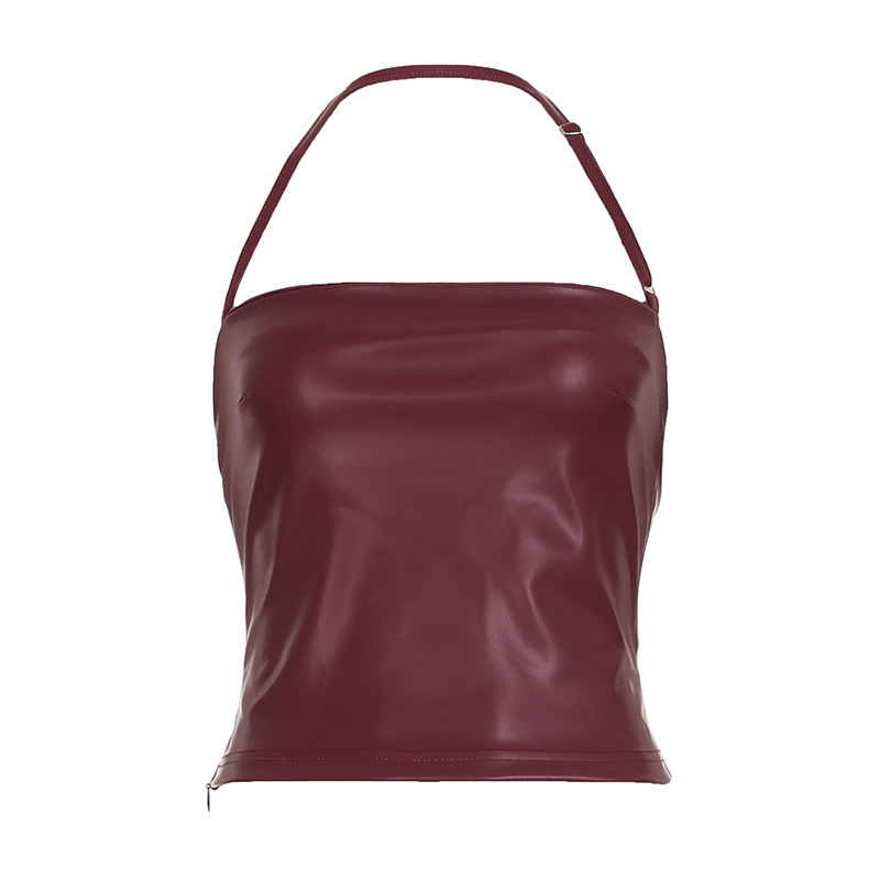 Τοπ PU patchwork χωρίς ώμους με λαιμό-halter, εφαρμοστό, μονοχρωμο σχέδιο