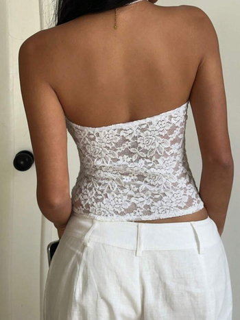 Δαντελένιο τοπ χωρίς τιράντες, στενή γραμμή, μονόχρωμο σχέδιο, 95%+ περιεχόμενο βασικού υφάσματος