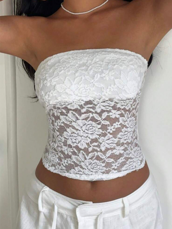 Δαντελένιο τοπ χωρίς τιράντες, στενή γραμμή, μονόχρωμο σχέδιο, 95%+ περιεχόμενο βασικού υφάσματος