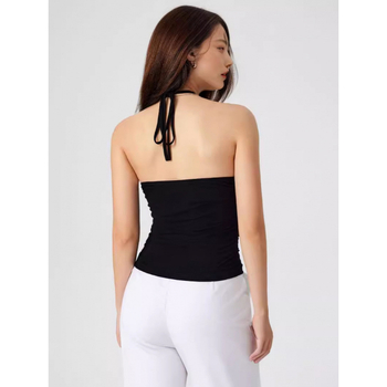 Γυναικείο τοπ χωρίς μανίκια με V-λαιμό, στενή γραμμή, ελαστικό ύφασμα σπάντεξ, λεπτομέρεια patchwork, street hipster στυλ