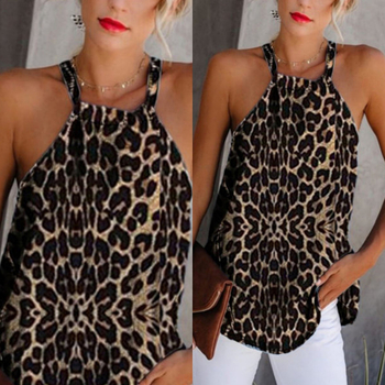 Tricou dama din amestec de bumbac și poliester cu imprimeu leopard, guler rotund, fără mâneci, croi slim, deschidere în spate cu șnur, lungime 50–65 cm