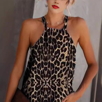 Женска тениска от памучно-полиестрова смес с леопардов принт, кръгло деколте, без ръкави, Slim fit, дължина 50–65 см