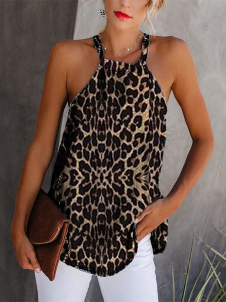 Tricou dama din amestec de bumbac și poliester cu imprimeu leopard, guler rotund, fără mâneci, croi slim, deschidere în spate cu șnur, lungime 50–65 cm