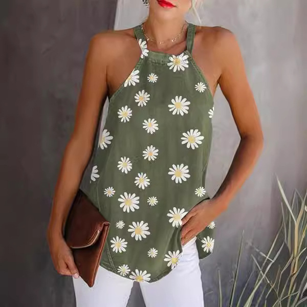 Tricou dama din amestec de bumbac și poliester cu imprimeu leopard, guler rotund, fără mâneci, croi slim, deschidere în spate cu șnur, lungime 50–65 cm