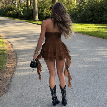 Ολόσωμη φόρμα από πολυεστέρα με V-λαιμό, κορδόνια μπροστά, χωρίς πλάτη, ψηλή μέση