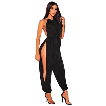 Ženski bez rukava jumpsuit s vezanjem, široke nogavice, poliester, okrugli izrez