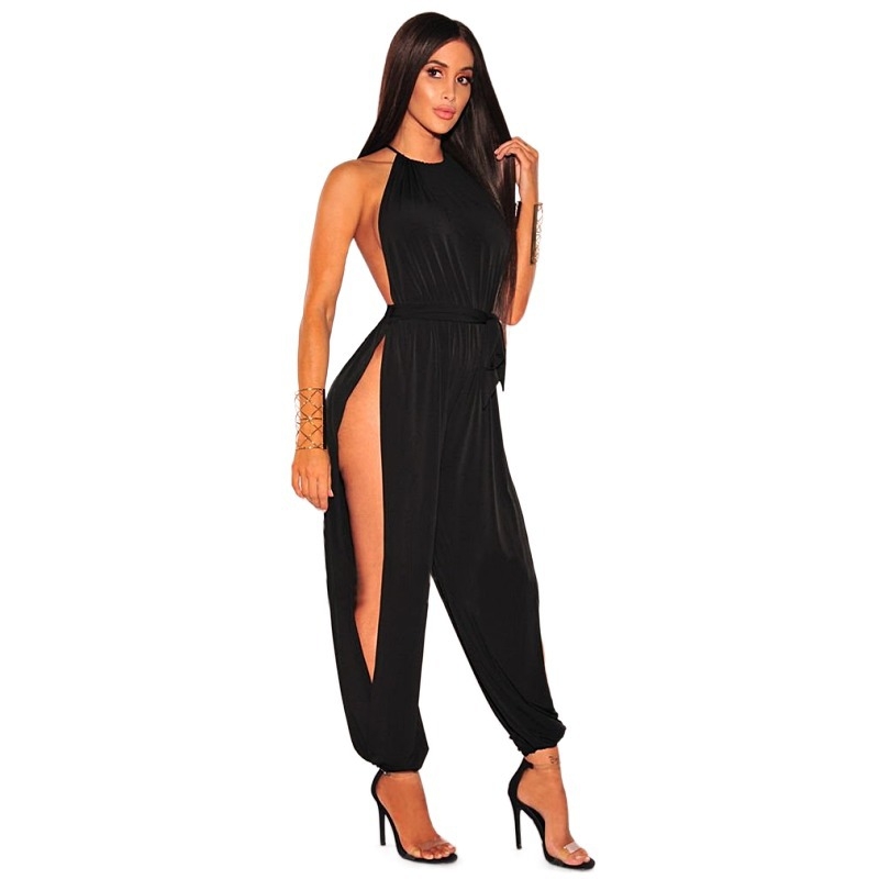 Ženski bez rukava jumpsuit s vezanjem, široke nogavice, poliester, okrugli izrez