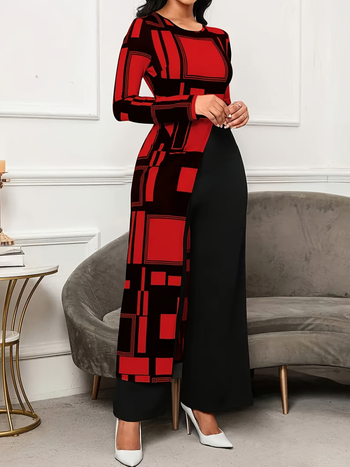 Гащеризон с дълги ръкави, печатен дизайн, еластична полиестер-спандекс материя (95%+), прави крачоли със средно повдигната талия