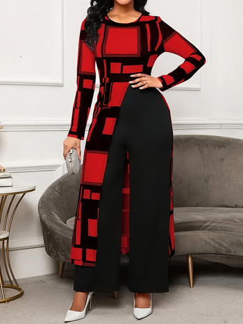 Гащеризон с дълги ръкави, печатен дизайн, еластична полиестер-спандекс материя (95%+), прави крачоли със средно повдигната талия