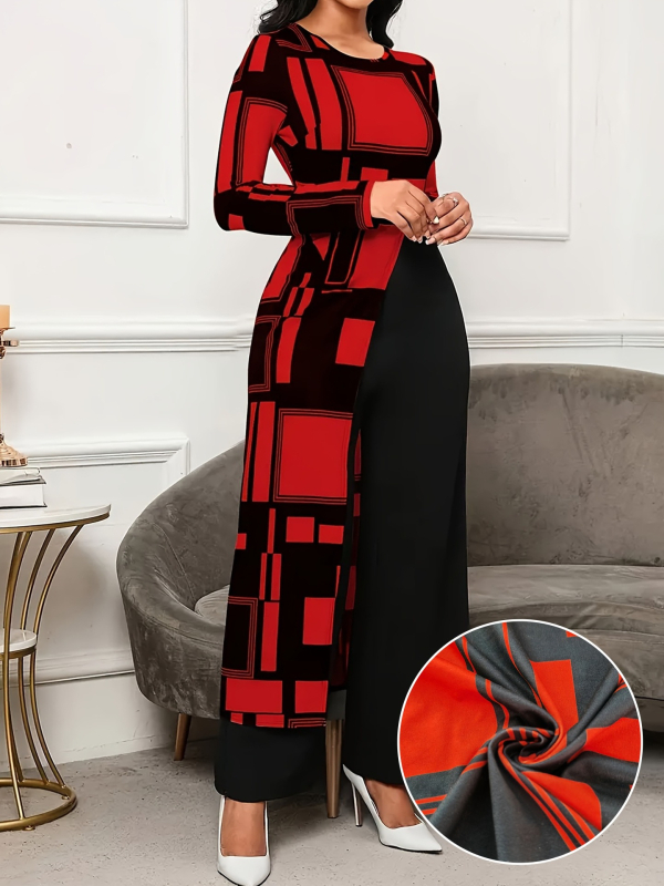 Гащеризон с дълги ръкави, печатен дизайн, еластична полиестер-спандекс материя (95%+), прави крачоли със средно повдигната талия